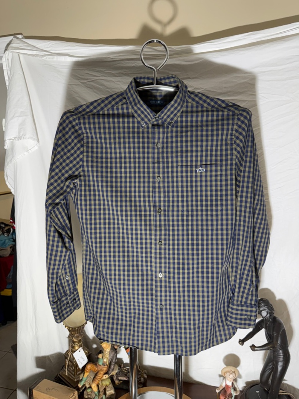 Men's Button-Down Check Shirt in Navy and Tan - Casual Long Sleeve